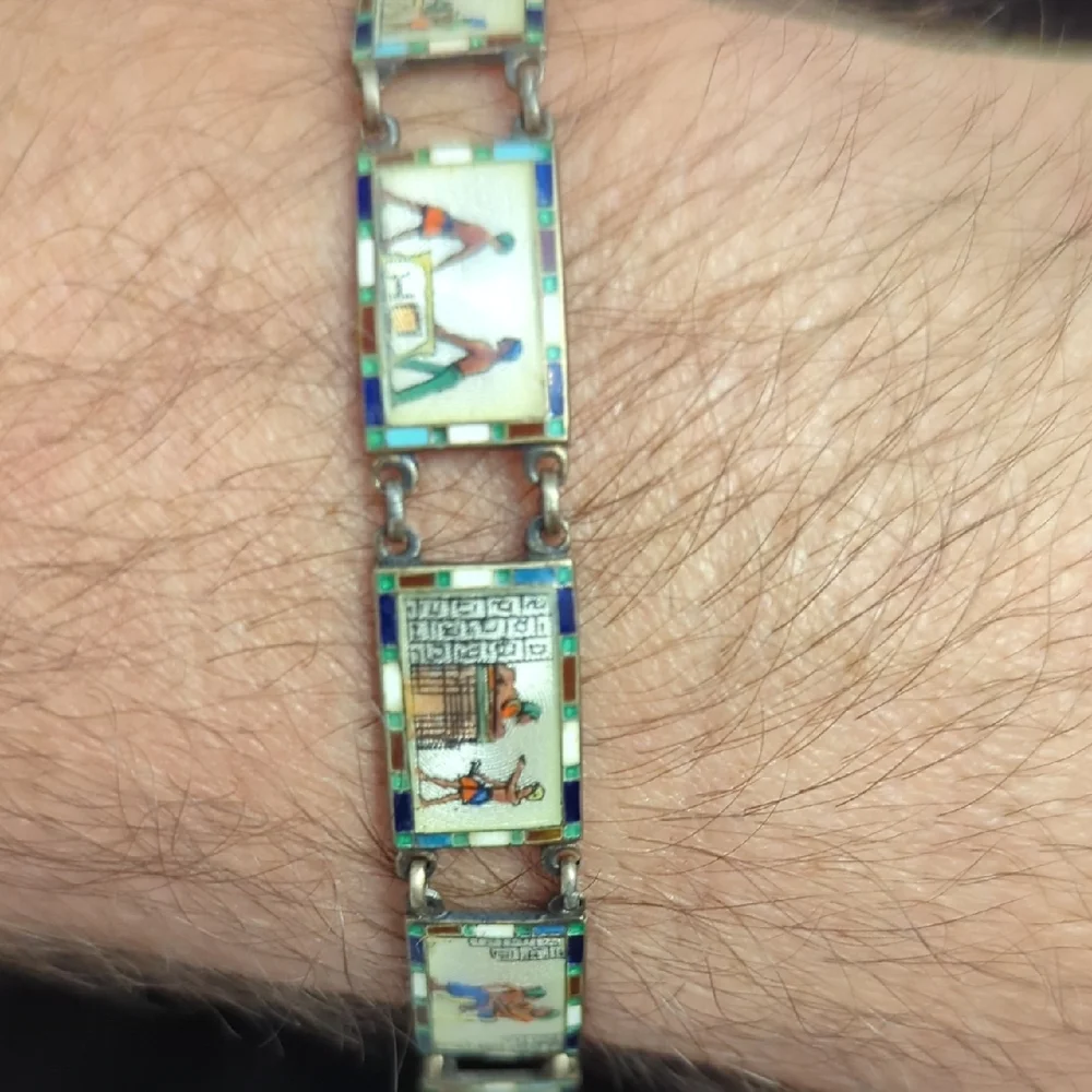 Vintage Egyptian Revival Enamel Panel Bracelet, Est. 1940s–50s